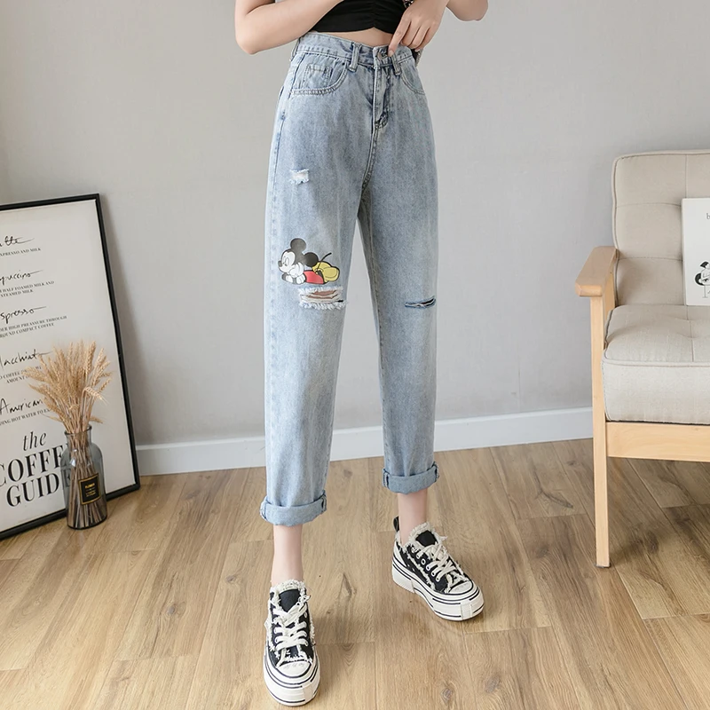 Женские джинсы с принтом Микки Мауса тонкие свободные шаровары дырками