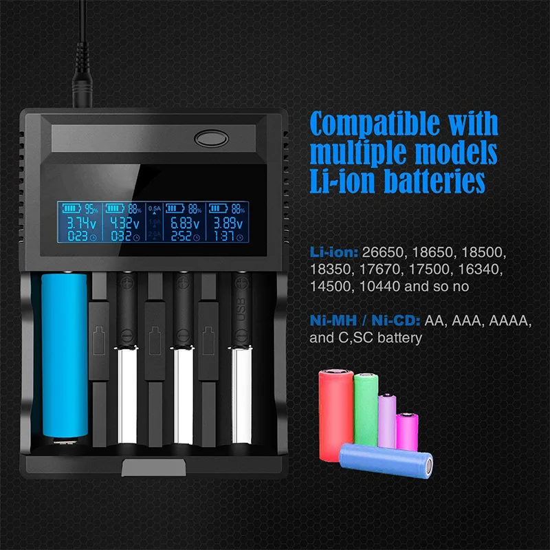 Умное зарядное устройство быстрое с 4 отсеками и ЖК дисплеем для перезаряжаемых