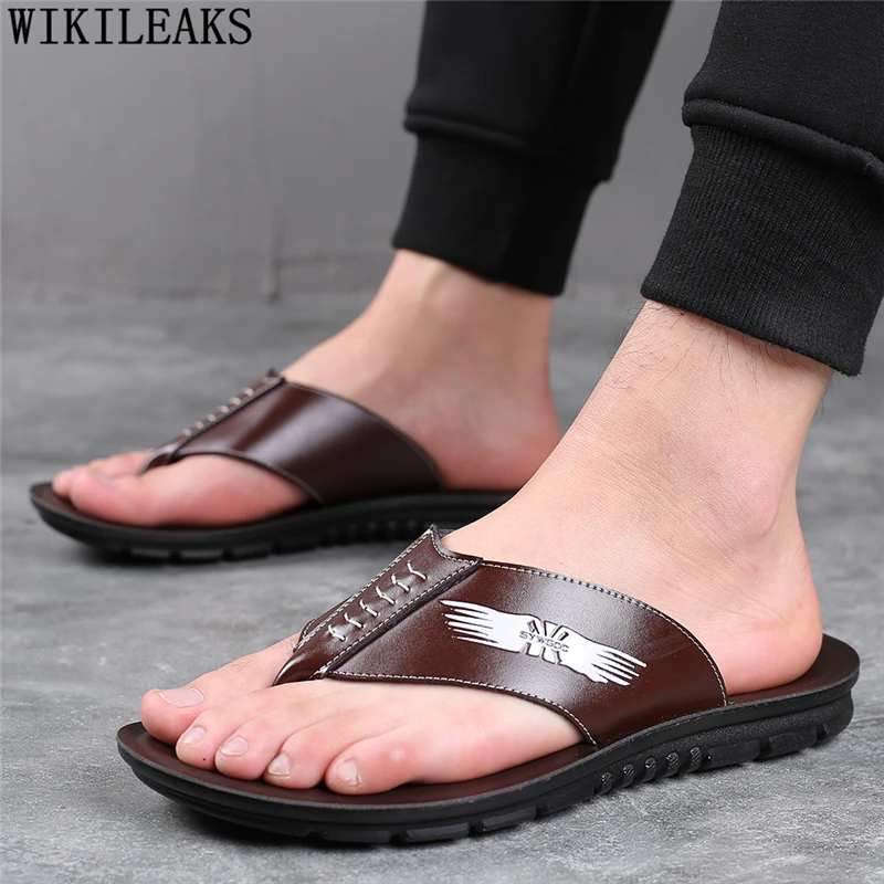 Beach Slippers Men Summer Shoes Slides Men Slippers Leather Fashion Designer Flip Flops Mens Slippers Outdoor Plus Size Shoes 47