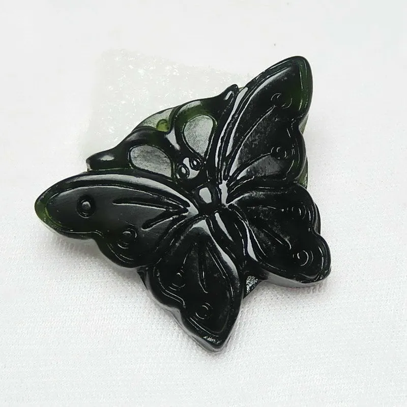 Ожерелье из бусин с подвеской-бабочкой натурального черного и зеленого нефрита