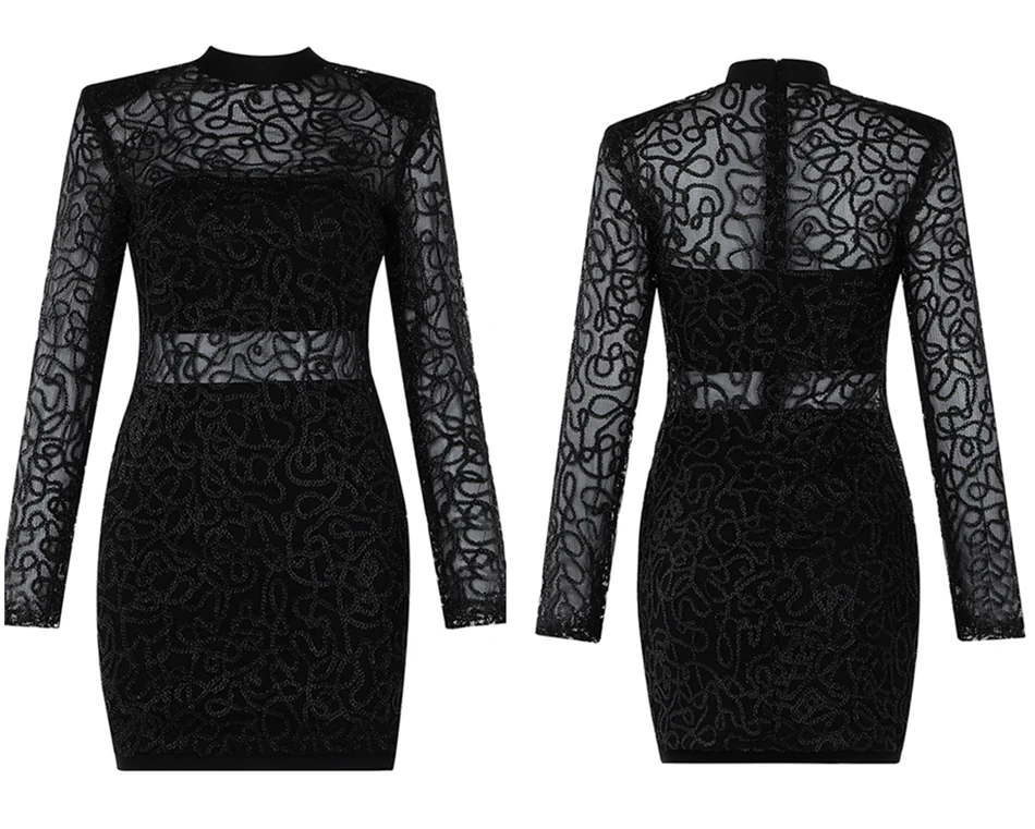 Женское облегающее платье черное из искусственного шелка с длинным рукавом |