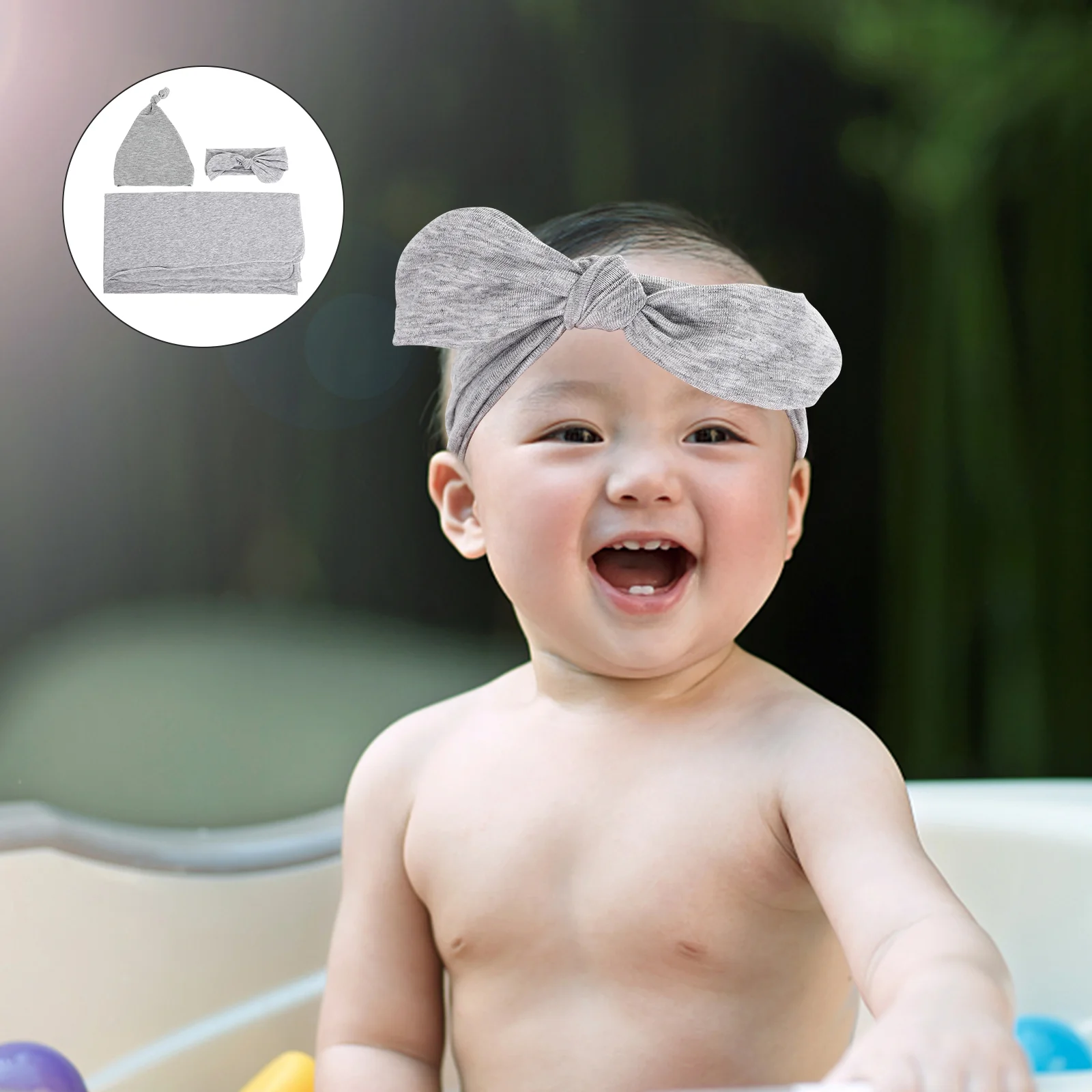 

1 Set Baby Cotton Hat Newborn Swaddle Blanket Adorable Baby Headband (Grey)