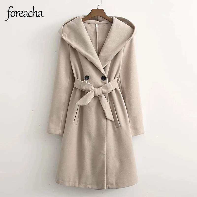 

foreacha Fashion Hooded Woolen Coat Beige Turn down Collar Autumn Winter Women Outerwear Mid length Women Lacing Slim Overcoats