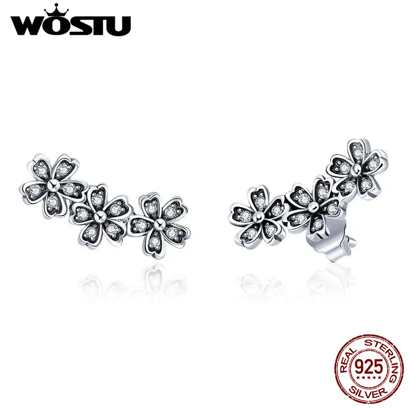 WOSTU подлинные 925 пробы серебряные стекируемые цветочные серьги-гвоздики с ромашками прозрачные CZ Цветочные женские вечерние серьги подарок CQE419