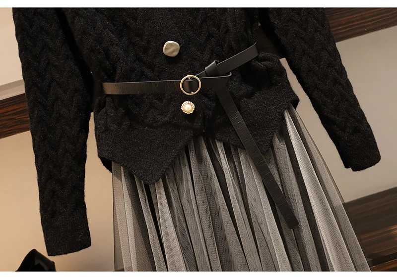 Trytree Autumn Winter Two piece set Casual O-neck Single Breasted Belt Top+ Skirt Elastic Waist Fashion Set 2 Piece Set
