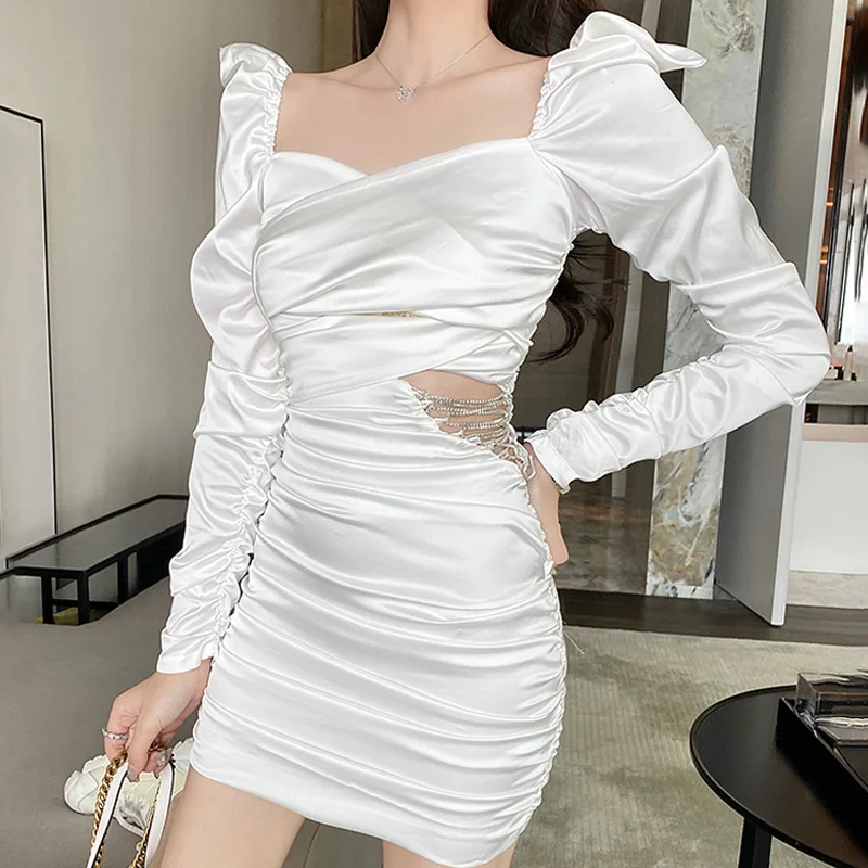 Sexy Hollow Out Bandage Dress Mini Dresses For Women Long Sleeve Elegant Satin Party Club Hot Outfits  White Ruched Dresses 2021