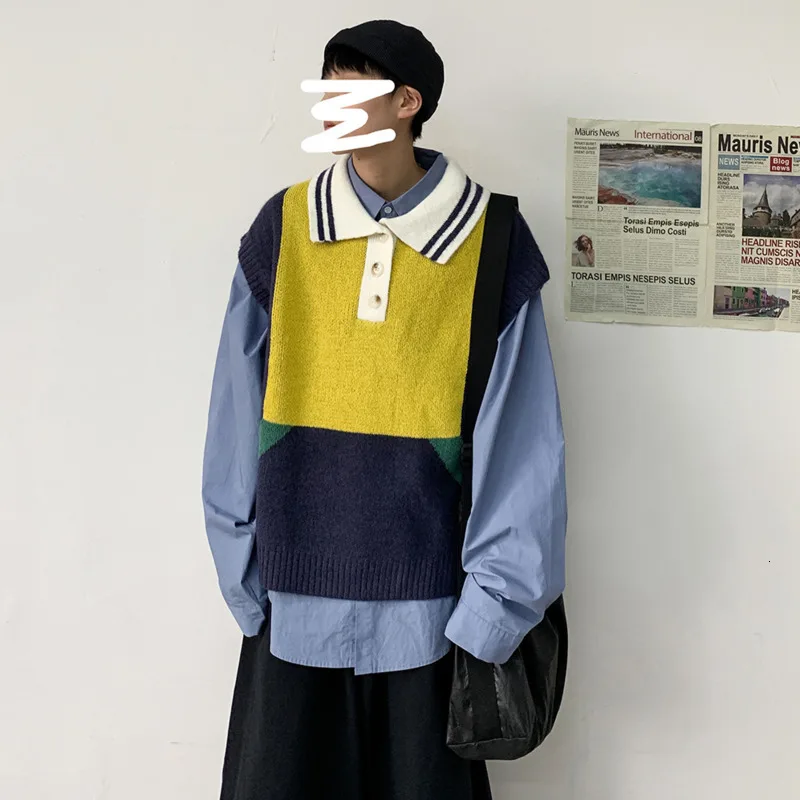 Свитер-жилет мужской, Модный повседневный вязаный пуловер контрастных цветов с лацканами, уличная одежда, свободный свитер-жилет для мужчи... от AliExpress RU&CIS NEW