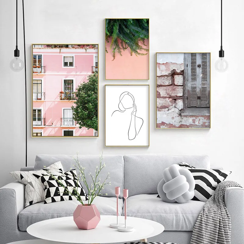 Городской пейзаж холст постер Скандинавское украшение автобус розовое здание