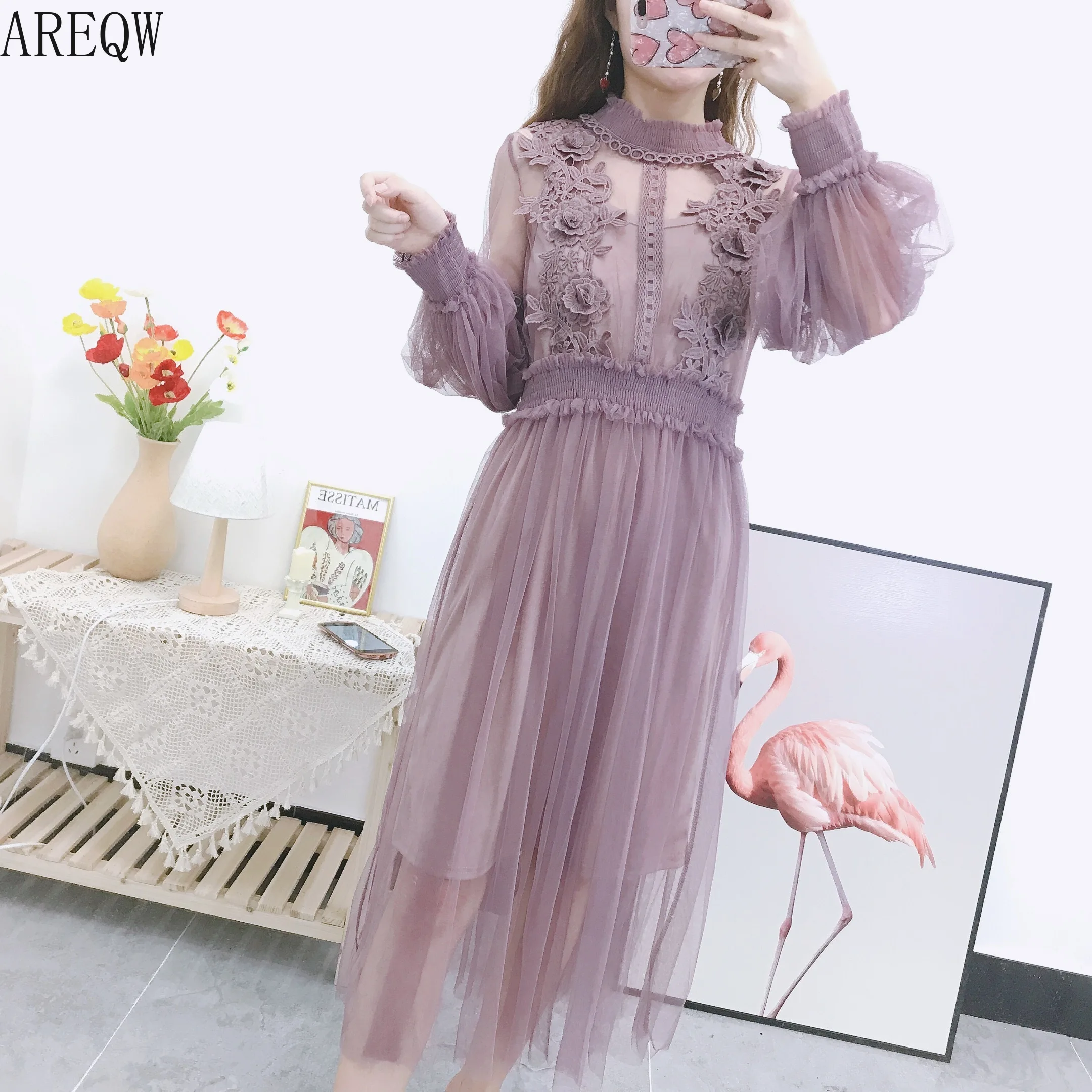 Кружевное газовое платье с цветочным узором и рукавами-фонариками для женщин 337