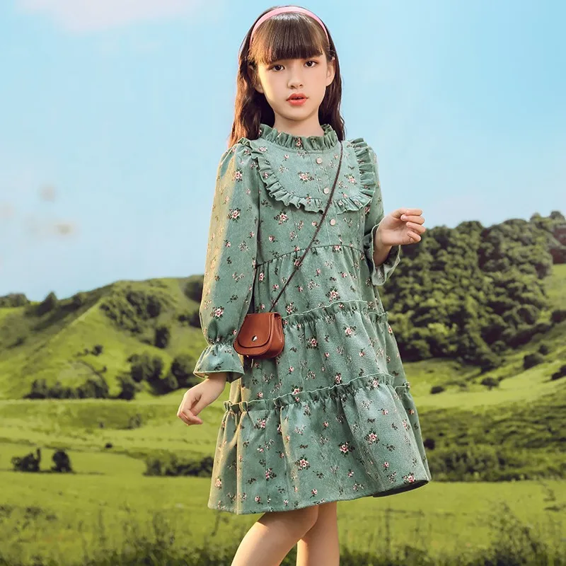 Fashion Floral Print Dress For Girls 2022 Spring Autumn Long Sleeve Knee Length Gowns Children Daily Casual Dresses Clothing