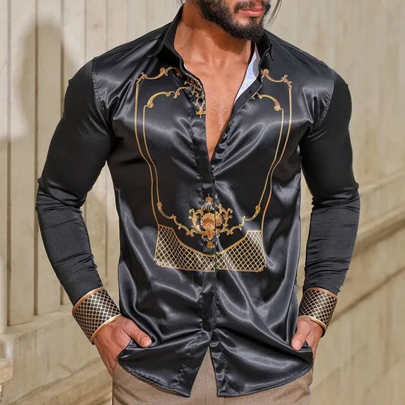 

2021 Fashion Buttoned Lapel Top Autumn Spring Casual Long Sleeve Patchwork Shirts Vintage Pattern Printed Slim Shirt Mens Shirts