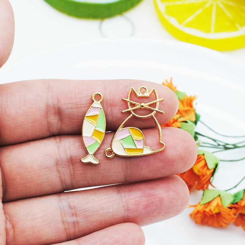 

20pcs/lot Colorful Geometric Animal Cat Fish Shape Enamel Charms Gold Color Tone Oil Drop Bracelet Earring Pendants