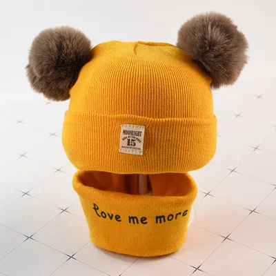 yellow set Шапки для маленьких мальчиков и девочек, осенне-зимние Бархатные наушники, детские шапки Lei Feng, Детские Меховые помпоны из овечьей шерсти, кашемировые теплые шапки, детские вязаные шапки - Цвет: yellow set