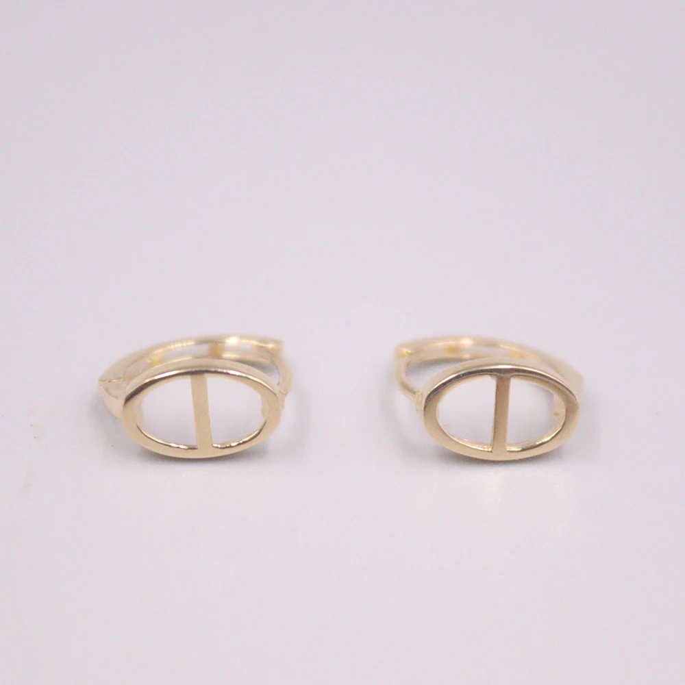 

New Solid Pure 18K Yellow Gold Earrings Women Ellipse Anchor Hoop Earrings 1.4-1.7g 12*6mm