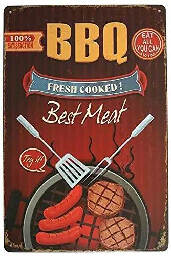 

Metal Tin Sign BBQ Fresh Cooked Best Meat Bar Pub Vintage Retro Poster Cafe Art 8x12 Inch Nostalgic Tin Sign