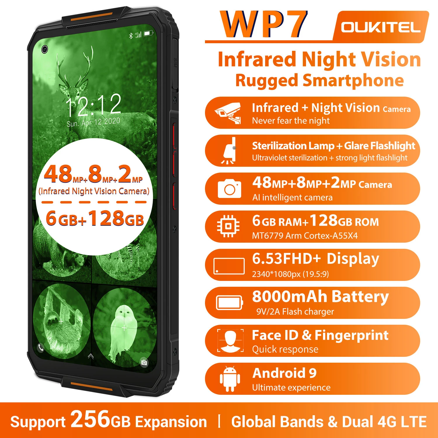OUKITEL WP7 Rugged Smartphone 8000mAh 6.53'' Infrared Night Vision 48MP Triple Cameras 8GB 128GB Octa Core NFC Module UVC Mobile