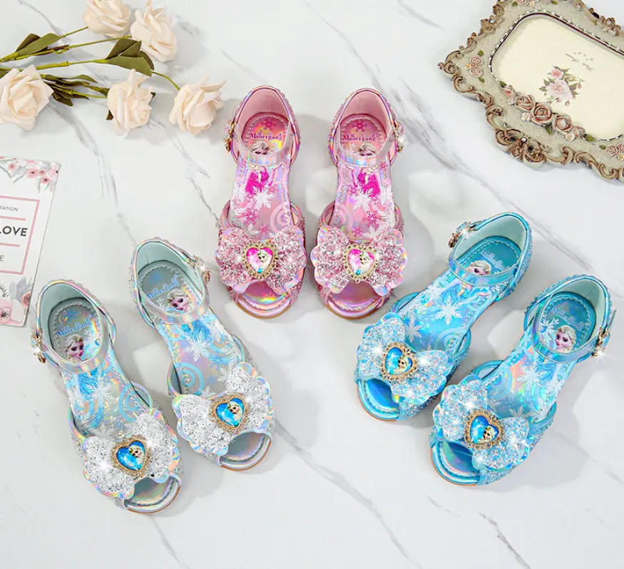 

New Children's Kids girls princess Sandals Glitter Flat Soft casual shoes Elsa Cartoon Ice Snow Dance Party Wedding Dress shoes