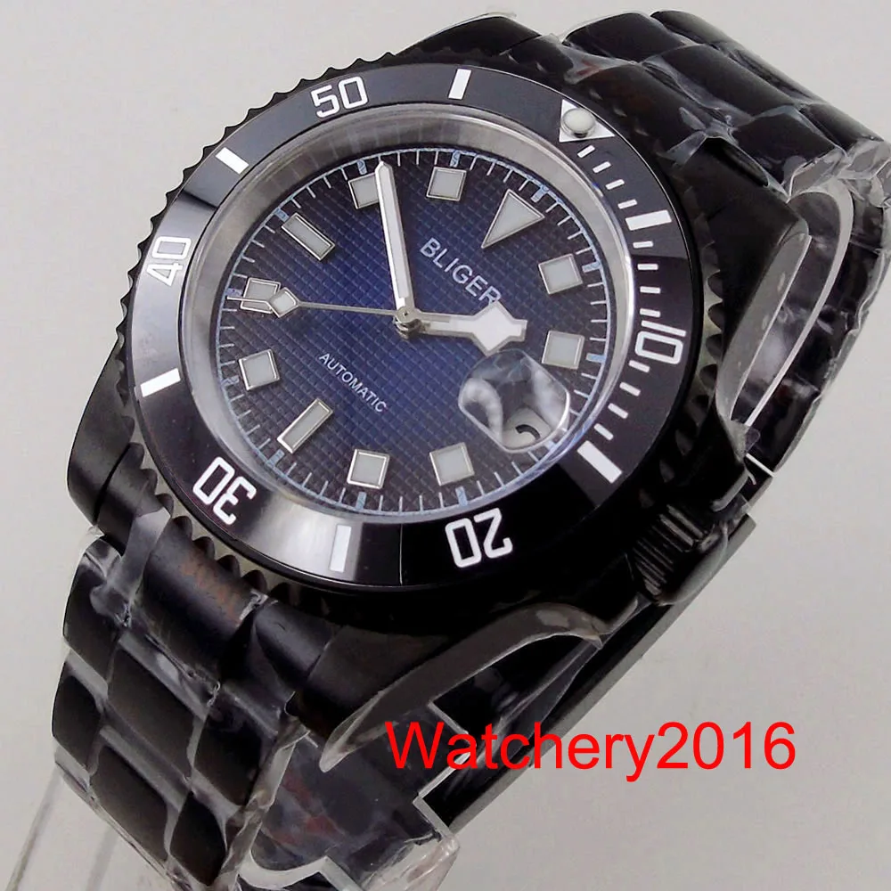 

40mm Bliger Blue Dial Sapphire Glass Luminous Date Magnification Ceramic Bezel NH35 Automatic Movement Men Watch Oyster Bracelet