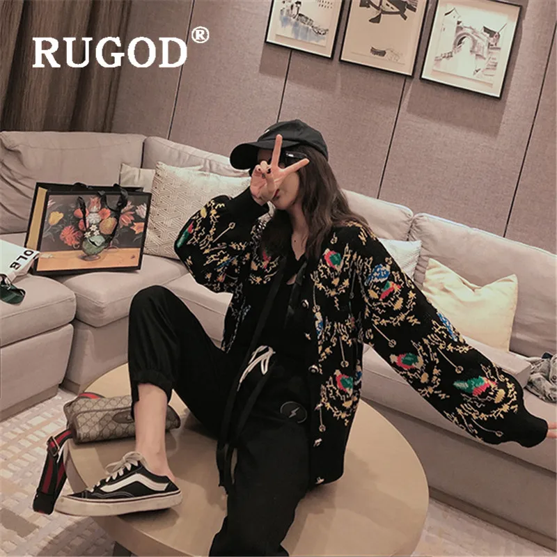RUGOD Vintage printed knitted cardigan sweater women Fashion lantern sleeve auturm winter outwear single-breated |