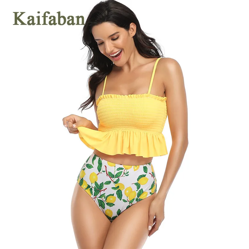 Женский купальник бикини пуш-ап с цветочными листьями и высокой талией купальный