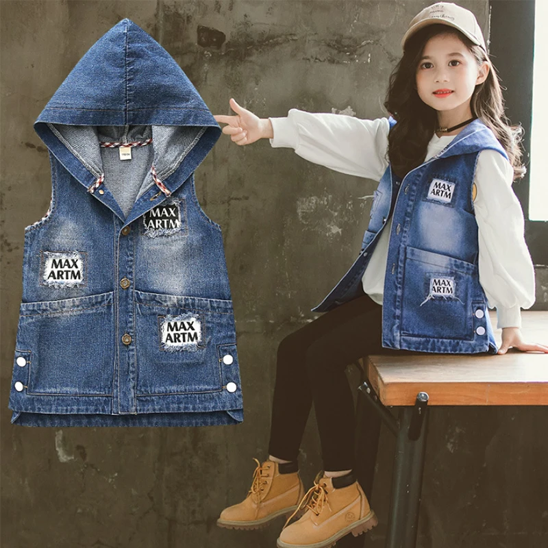 Детская одежда 2019 новый осенний джинсовый жилет с капюшоном для девочек модная