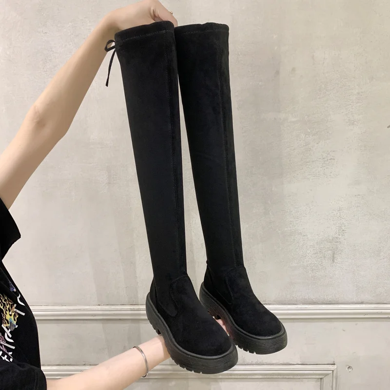 

Женские Эластичные ботфорты на платформе, зимние теплые сапоги выше колена на высоком каблуке с круглым носком, универсальные сапоги марти...