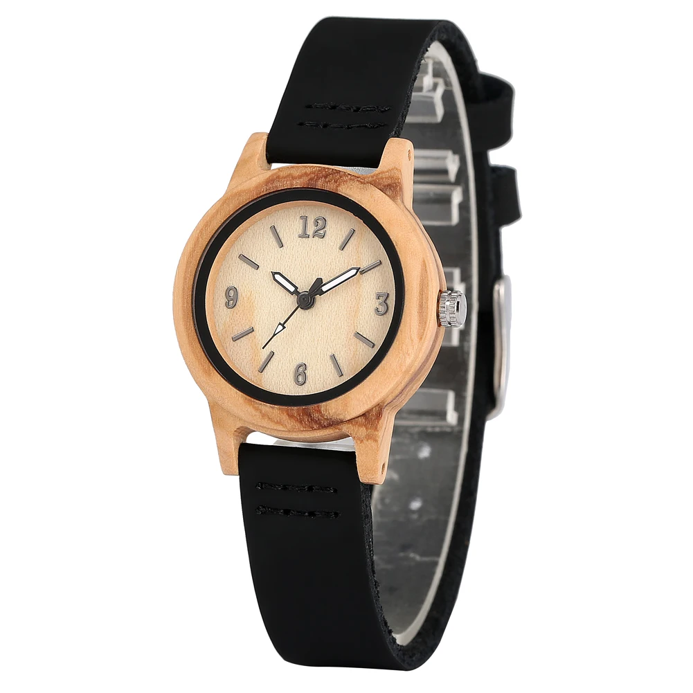Прочный коричневый чехол деревянные часы для женщин практичный черный кожаный