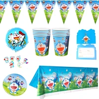 doraemon theme invitation cards cups dishes banner aluminum foil balloons tablecloth cake toppers tableware 69pcslot