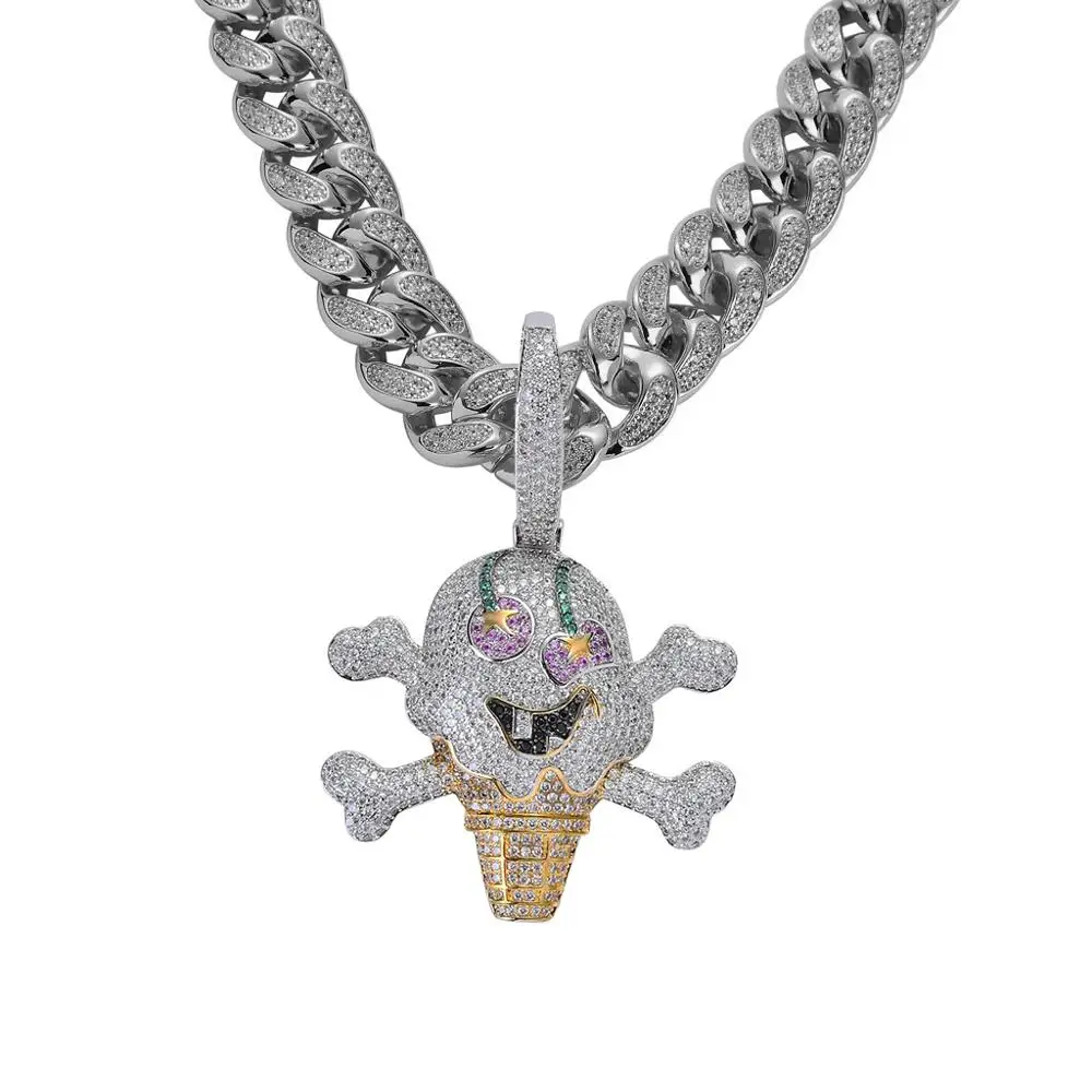 Newest Hip Hop Jewelry Gold Silver Double Color Iced Out Zircon Stone Ice Cream Pirate Pendant Mens Necklace Joyas Bling jewelry | Украшения