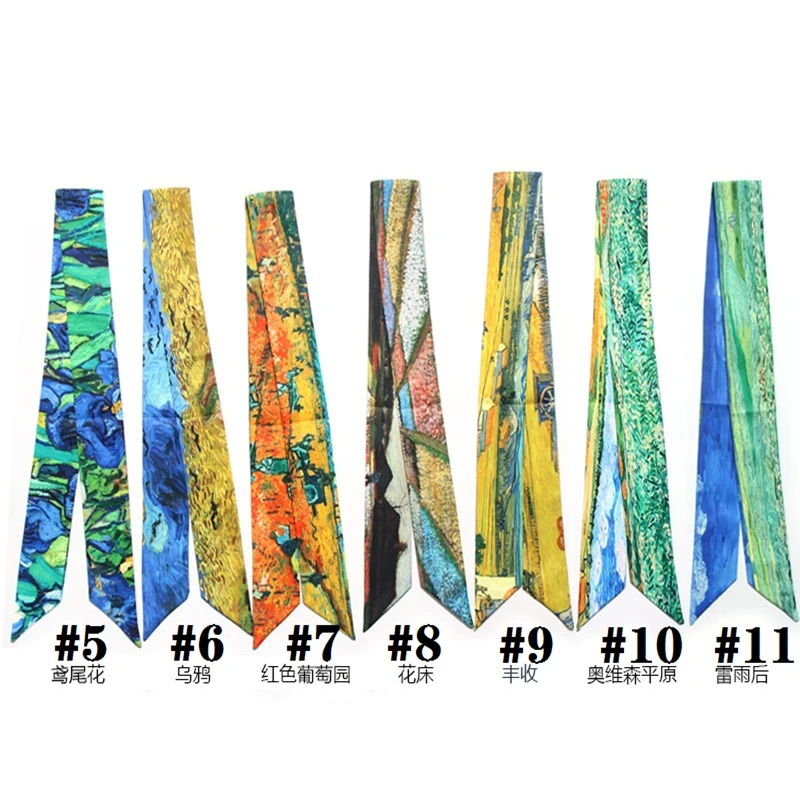 

15PCS Art Van Gogh Wheat Field Apricot Flower Starry Sky Oil Painting Slender Narrow Ribbon Tied Bag Handle Scarf Hair Tie Scarf