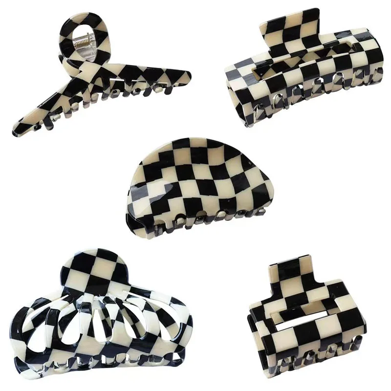 

Black And White Acetate Checkerboard Hair Claws Elegant Women Plaid Shark clips Barrette Hair Accessories