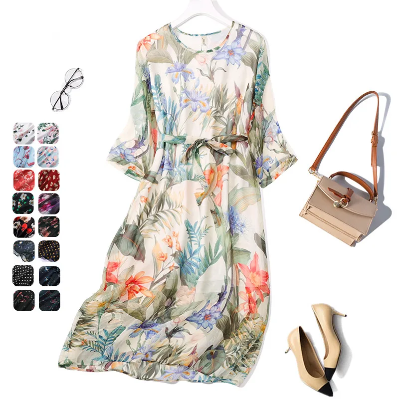 Женское Двухслойное длинное платье из 100% натурального шелка с полурукавами