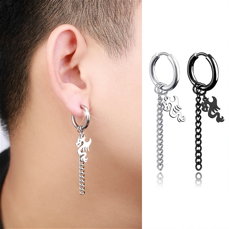 

Rock Punk Tassel Chain Fly Dragon Earrings High Quality Stainless Steel Drop Earrings For Men Women Hip Hop Fashion Jewelry 1pcs