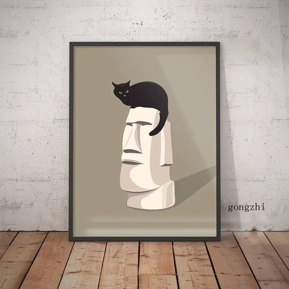 

Moai Cat Elvis Presley Animal Poster Funny Illustration Canvas Painting and Prints Wall Art Pictures for Living Room Home Decor