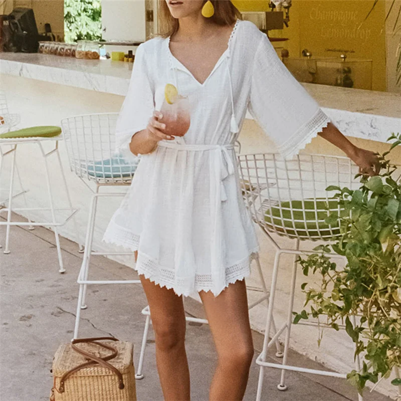 Пляжное платье, Saida de Praia, хлопковое, Пляжное, накидка, кафтан, Пляжное, парео, для Плайя, Mujer, кружевное бикини, накидка, купальник, накидка# Q711
