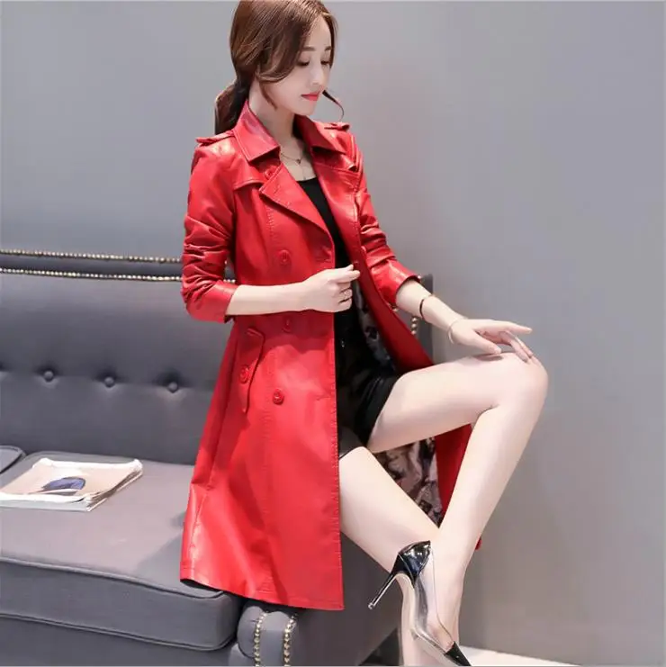 

Fall/Winter Leather Lapel Belt Windproof Fashion Windbreaker Coat Temperament Office Lady OL Straight Double Breasted Trench 5XL