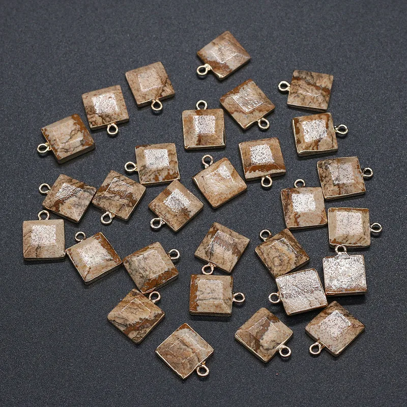 

Natural Stone Pendant Square Picture Stones Plated Pendant Necklace for DIY Jewelry Best Birthday Gift Size 12x16mm