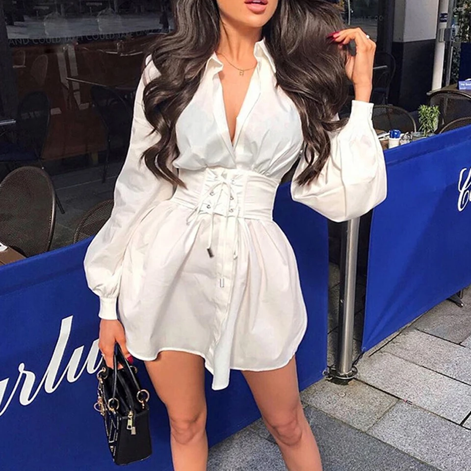 JillPeri Autumn Long Sleeve Shirt Dress with Corset Belt Solid Sexy Elegant Outfit Office Lady Street Wear Party Dress Set