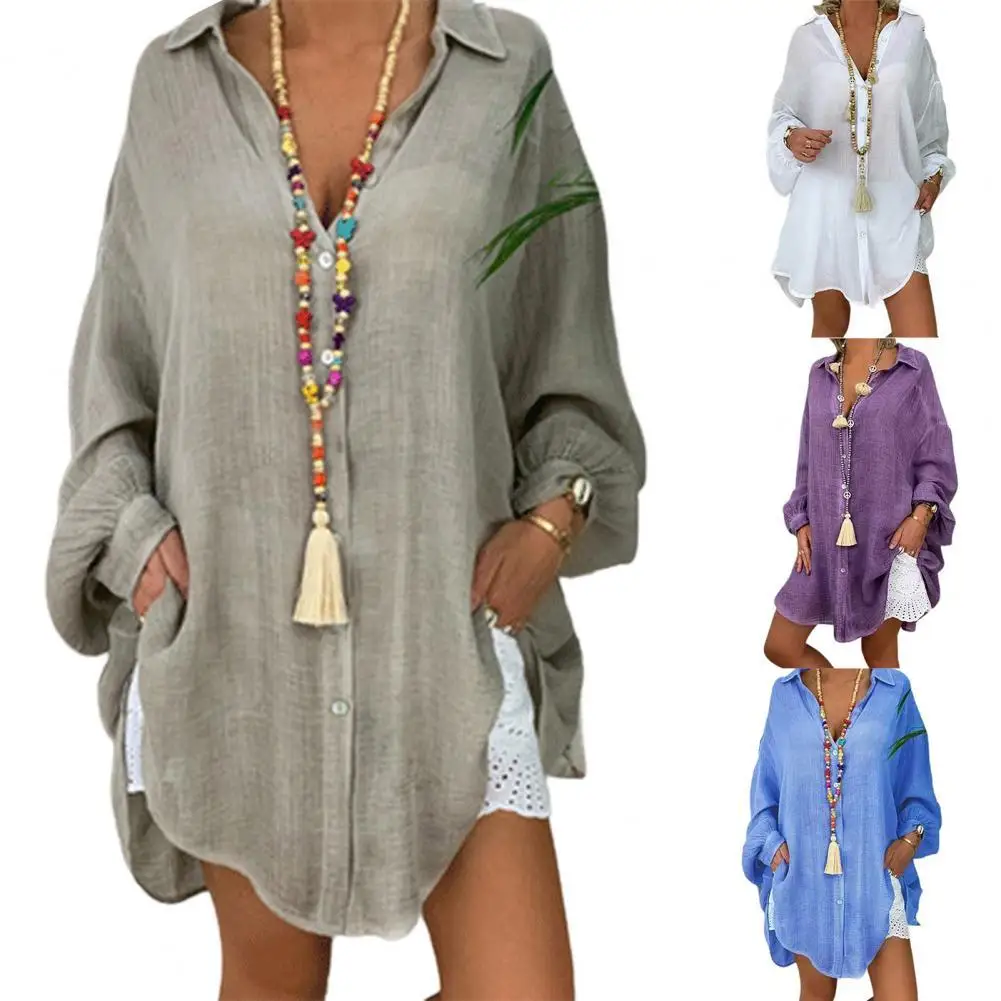 

Women Shirt Solid Color Single-breasted Spring Summer Long Sleeve Turndown Collar Blouse Streetwear