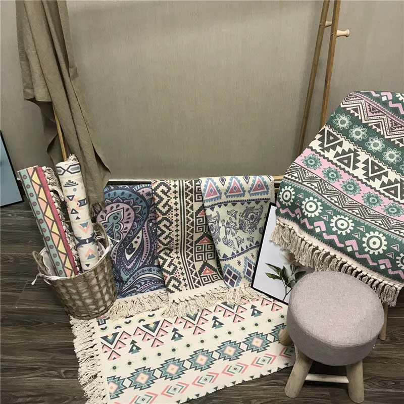 

Cotton Tassel Home Weave Carpets Welcome Foot Pad Bedroom Study Room Floor Rugs Prayer Mattress