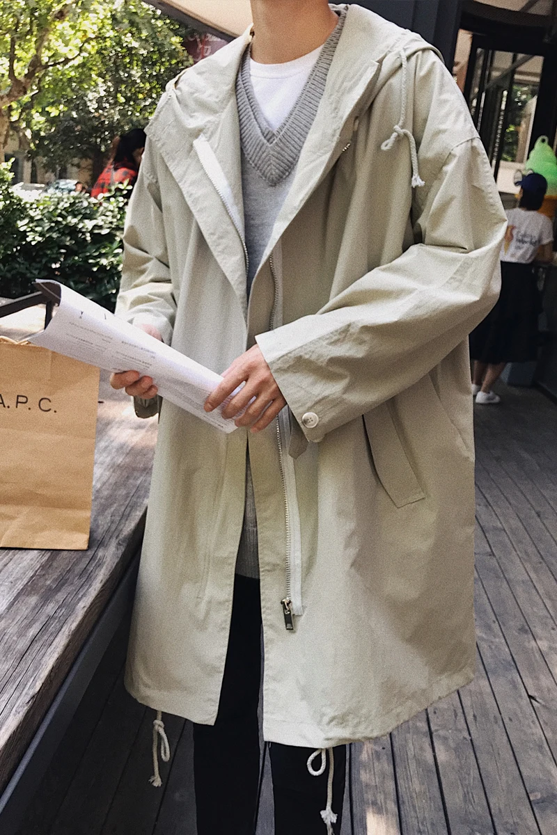 

2020 Autumn New Long Jacket Trench Coats Men's Fashion Solid Color Casual Hooded Windbreaker Pocket Trench Jackets