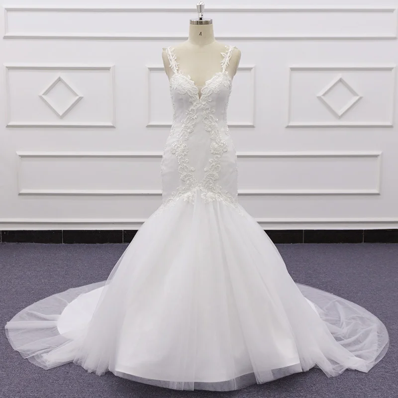 

Eslieb Luxury Wedding 2020 Mermaid Wedding Dress Handmade Custom Accept Drawing Wedding Dress Spaghetti straps Pearl SJ218