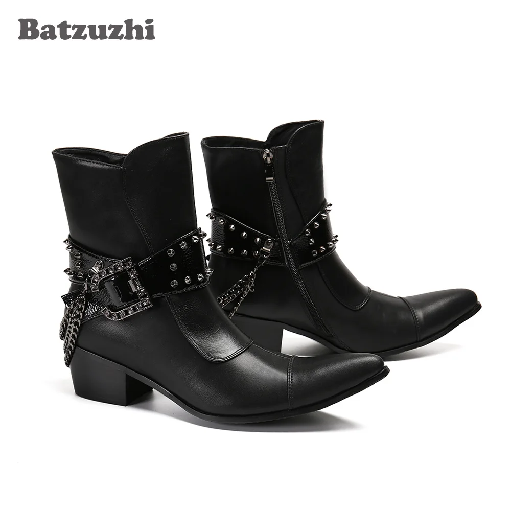 

Batzuzhi Pointed Toe Leather Ankle Boots Men Western Cowboy Boots Men Buckles Chains Punk Motorcycle Botas Hombre,Big Sizes US12