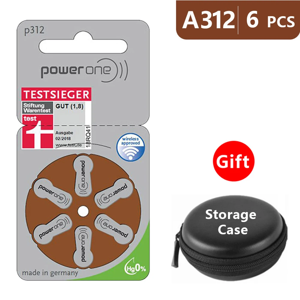 

Hearing Aid Batteries Size 312 za Power one,Pack of 6,Brown Tab PR41 1.45V Type A312 AU-6nh Zinc Air Battery p312 with Case Box