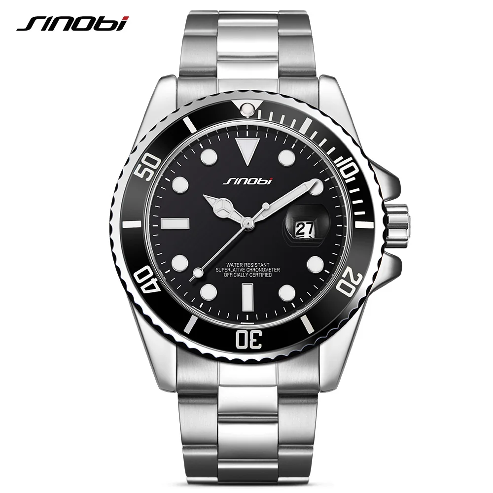 

SINOBI Watch Men Casual Waterproof Date Stainless Steel Band Luxury Clock Sport Watches Golden Green Style Relogio Masculino