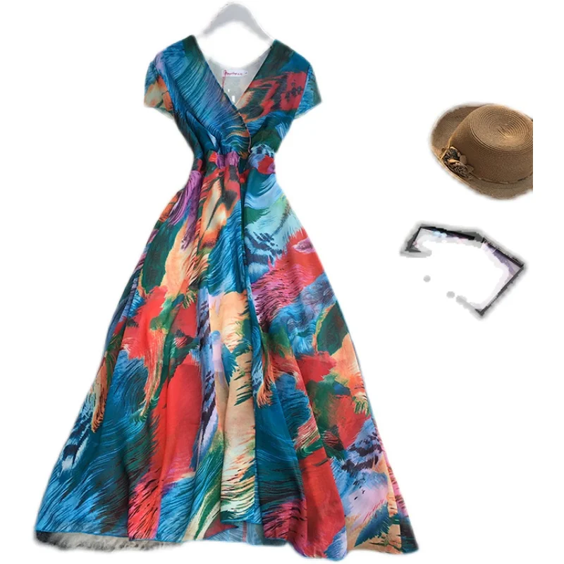 

Oversized Chiffon Dress Women Floral Tie Dye Long Dresses 2021 Summer V Neck Vintage Big Swing Sundress Big Swing Party Vestidos