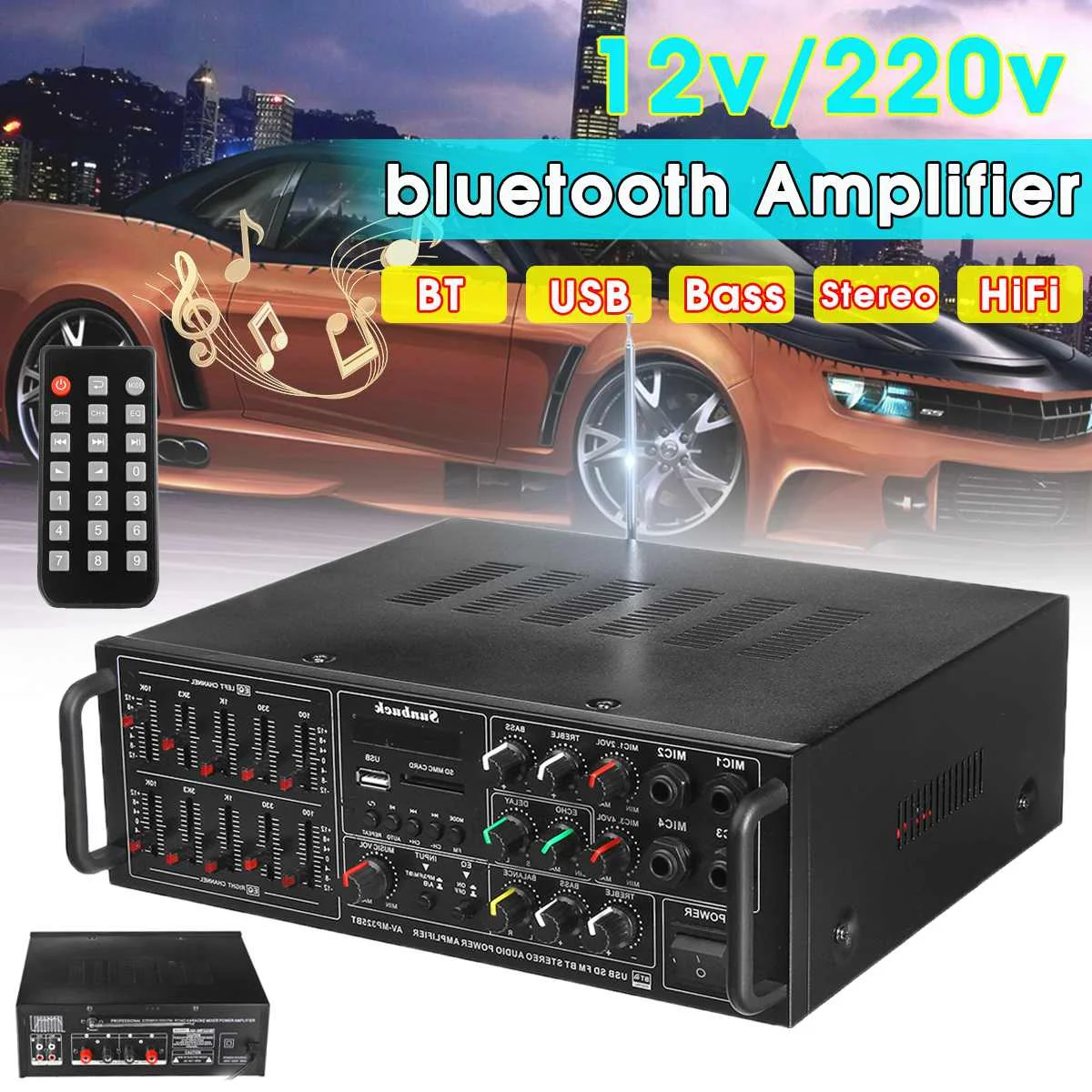 sunbuck bluetooth Amplifier 2000W Audio Power HiFi Amplifier for Car Home 2 Channel 12V/220V AV Amp Speaker FM Radio SD MP3