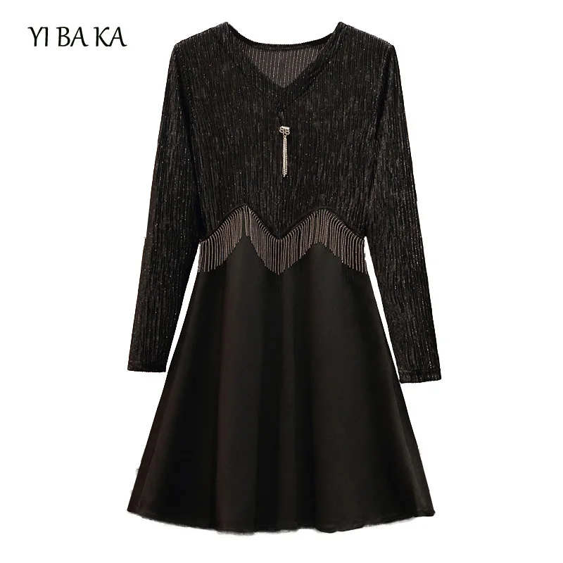 

large size women dress autumn winter fashion tassel shiny patchwork sexy dress elegant vintage party dress vestidos female