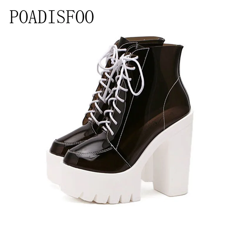 2018 г. женские сапоги на квадратном каблуке прозрачные водонепроницаемые