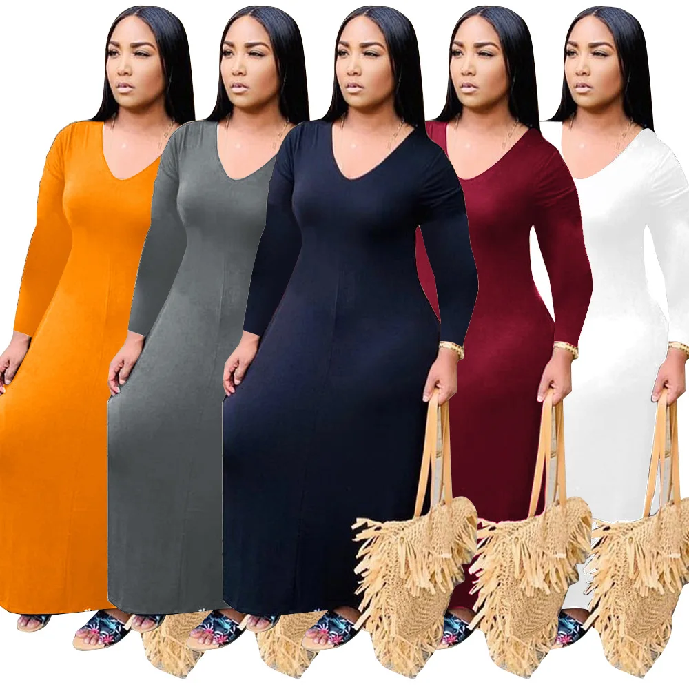 

Women's Plus Size Clothing Sexy V Collar Loose Long Sleeve Stretch Solid Color Casual Elegant Maxi Dress Wholesale Dropshipping
